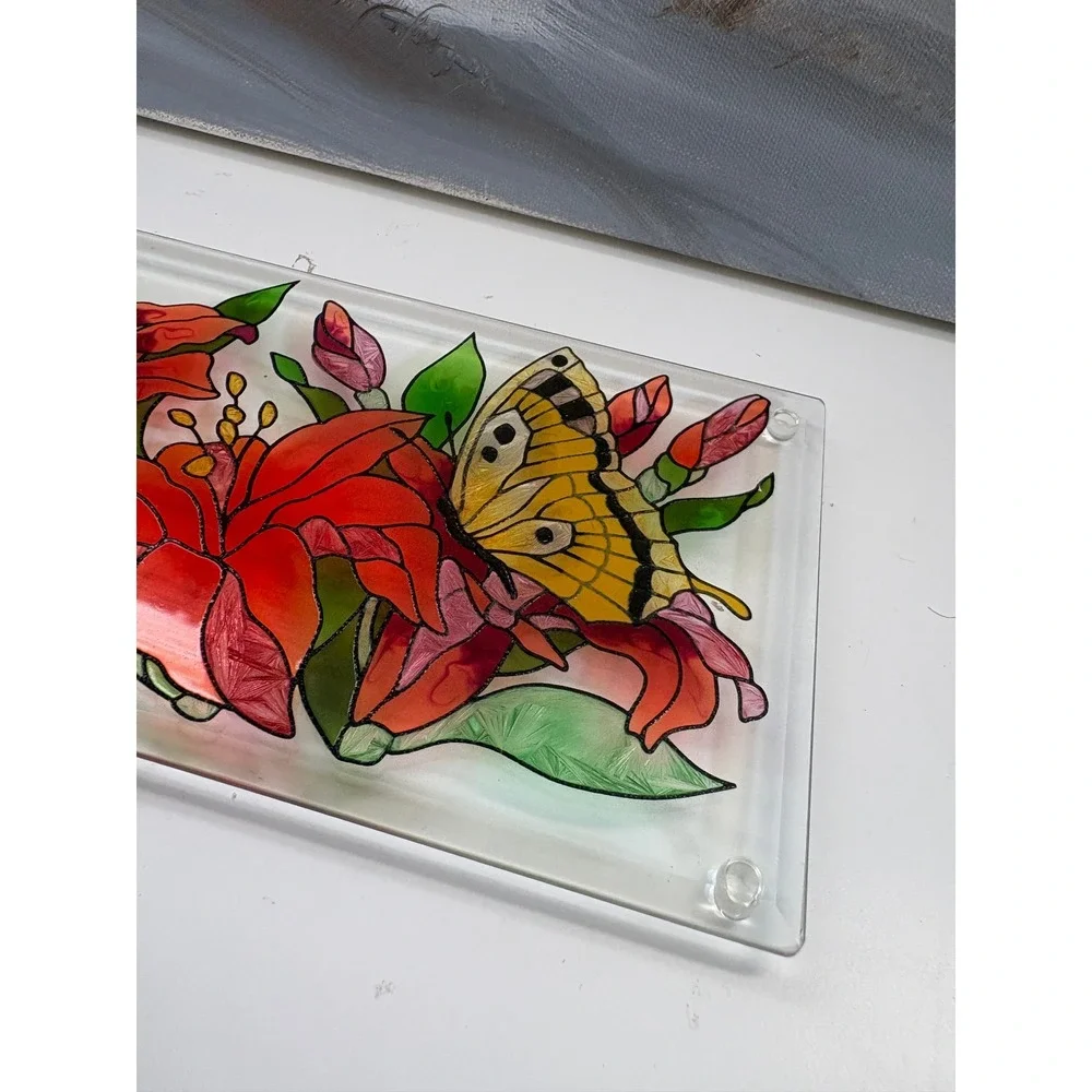 Hand Painted Glass Butterfly Lily Floral Tray Trivet Stained Glass Style 8x4